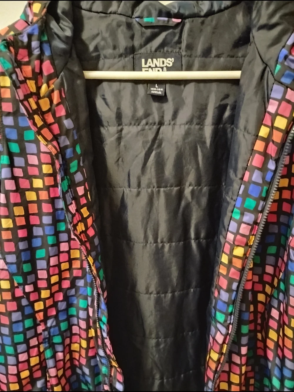 Lands' End Kids Hooded Raincoat - Multicolor Geometric Print Kids Size L